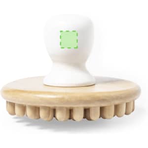 A wooden massager with a round base and a smooth, white handle, featuring multiple smaller rounded tips.