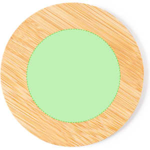 A round coaster with a bamboo outer ring and a green centre, featuring a logo in the design.