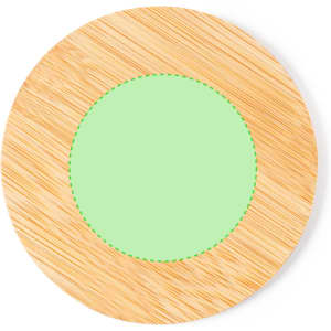 A bamboo coaster featuring a green circular section in the centre, showcasing a natural wood finish.