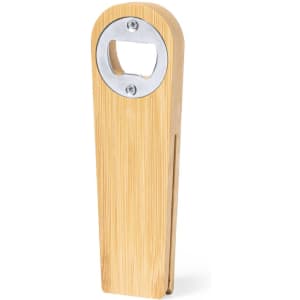 A drink bottle opener made of bamboo with a silver metal opening. It features a logo on the surface.