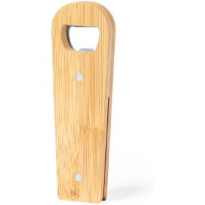 A bamboo drink bottle opener with a minimalist design and a metal bottle opener at the top. It features a logo.