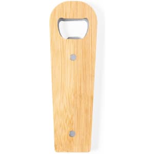 A drink bottle opener made of bamboo with a rounded top and a metal opener. Features two metal pins.