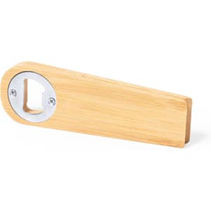 A drink bottle opener made of bamboo with a stainless steel opening mechanism and a sleek design. It includes a logo.