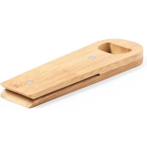A drink bottle opener made of bamboo with a sleek design. It features a small handle and a branding logo.