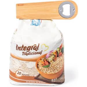 A drink bottle opener with a wooden handle and a silver opener, displayed with a bag of rice.