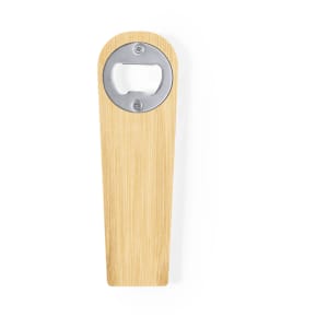 A drink bottle opener made of bamboo with a stainless steel opening mechanism and a logo.
