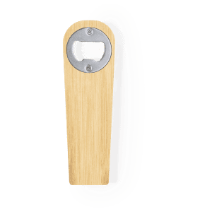 A drink bottle opener with a sleek bamboo handle and a silver metal opener. It features a logo on the surface.