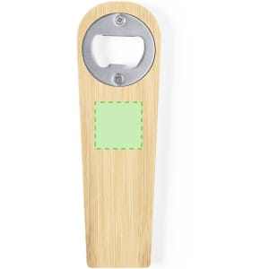 A drink bottle opener with a bamboo handle and a silver metal opener. It features a blank green area for customisation.