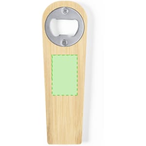 A drink bottle opener made from bamboo with a metal opening section and a logo space.