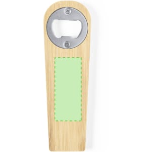 A drink bottle opener with a wooden handle and a silver metal cap opener, featuring a blank green section.