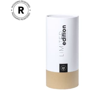 A cylindrical packaging in white and brown for a limited edition product, featuring a registered logo.
