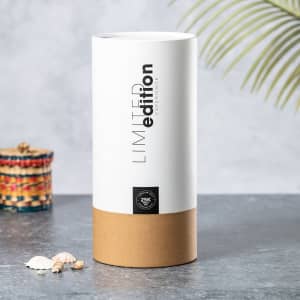 A cylindrical packaging design featuring a white upper section and a brown lower section, with a logo.