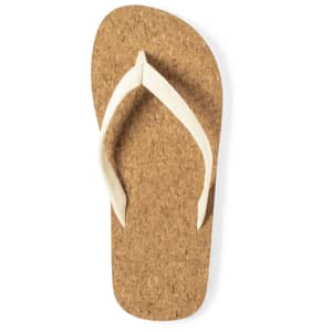 A pair of cork flip flops with white straps, featuring a simple design and a logo on the footbed.