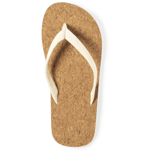 Cork flip flop with white straps, featuring a simple design and a subtle brand logo on the surface.