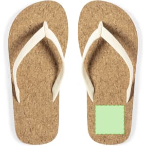 Natural cork flip flops with white straps, featuring a square area for potential branding or design.