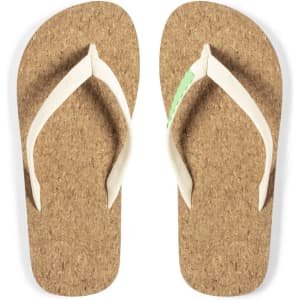 Tan cork flip flops with white straps, featuring a logo on one strap.