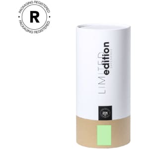 A cylindrical white packaging with a kraft paper base and a green label, featuring branding elements.