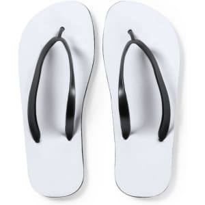 White flip flops with black straps, featuring a simple design and a logo on the sole.