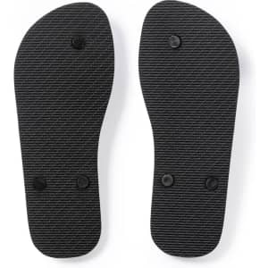 Black flip flops with a textured sole and a simple design. The shoes feature two circular fastenings.