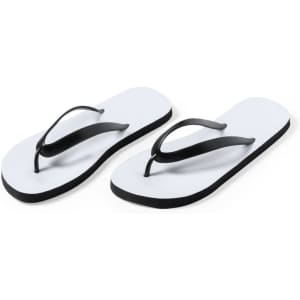 A pair of white flip flops with black straps and soles. The footwear features a simple design.