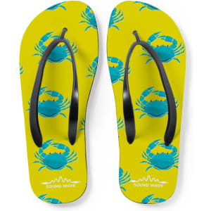 Bright yellow flip flops featuring a crab pattern, with black thongs and a logo.