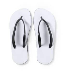 White flip flops with black straps, featuring a simple design and a logo on the sole.