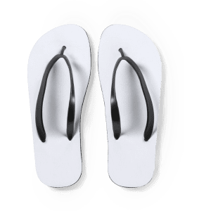 A pair of white flip flops with black straps, featuring a simple design and a logo on one strap.