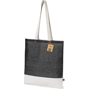 A tote bag featuring a black and white design with long straps and a tag attached. It includes a logo.