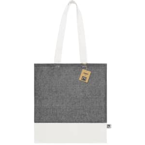 A grey and white tote bag with two handles and a tag, featuring a logo.