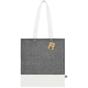 A grey and white tote bag with a tag and a logo on the front. The bag features sturdy handles for carrying.