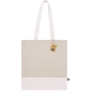 A beige tote bag with a white bottom and two shoulder straps; includes a tag and a branding logo.