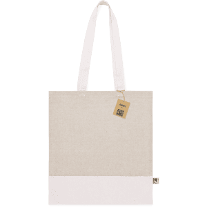 A light beige tote bag with white straps and a white bottom panel, featuring a tag and a logo.