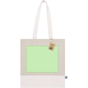 A natural-coloured tote bag with handles and a blank green space for custom designs, featuring a logo.