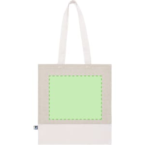 A beige tote bag with long handles and a prominent blank area for customisation, featuring a logo.