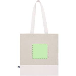 A Fairtrade tote bag in neutral tones with a light green square and a logo on the side.