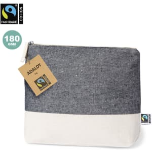 A grey and cream toiletry bag made of cotton with a branded tag, featuring a zip closure.