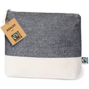 A grey and cream toiletry bag with a Fairtrade logo attached, featuring a zip closure and a textured fabric design.