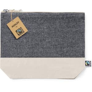 A grey and cream toiletry bag with a zipped closure and a logo tag. Fairtrade certified.