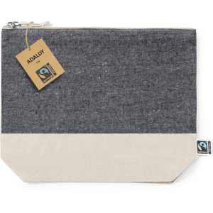 A grey and cream toiletry bag with a Fairtrade label and branding on the side.