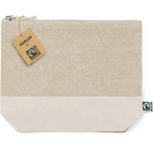 A Fairtrade beauty bag featuring a natural and cream colour scheme, with a zipper and logo branding.