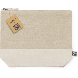 A Fairtrade beauty bag in natural beige with a cream bottom, featuring a logo and tag.