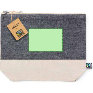 A Fairtrade beauty bag featuring a grey and cream design, complete with a logo and a tag.