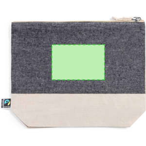 A grey and cream toiletry bag with a zip closure and a small logo on the side. Features a blank area for customisation.