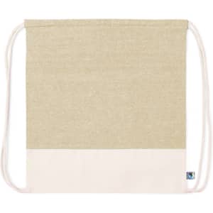 A beige and cream drawstring bag featuring a logo, suitable for carrying various items.