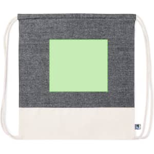 A drawstring bag in grey and cream colours with a blank green square area and a logo.