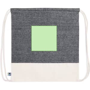 A grey and cream drawstring bag featuring a square patch in a light green colour and a logo.
