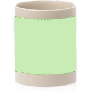 A coffee mug featuring a smooth, cream-coloured exterior with a large green design area and a logo.