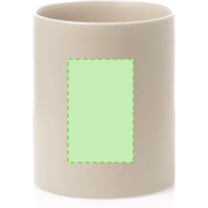 A beige coffee mug with a blank space for customisation, featuring a smooth surface and a rounded shape.