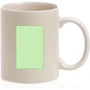 A beige coffee mug with a handle and a square area for customisation.