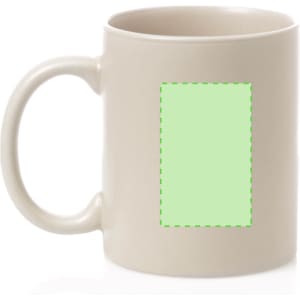 A cream-coloured coffee mug with a blank rectangular area for custom designs and a handle on one side.